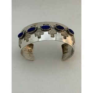 Native American Step Kiva Sterling Cuff Bracelet Lapis Lazuli 40+g